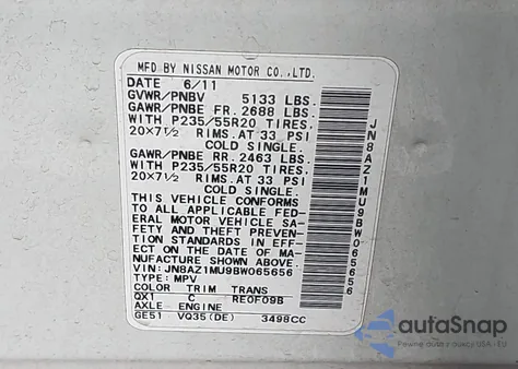 2011 Nissan Murano Le z USA, uszkodzony, nr VIN JN8AZ1MU9BW065656